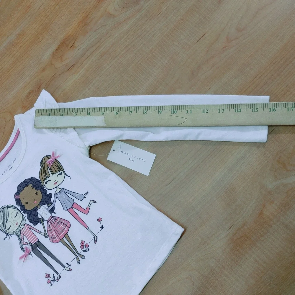 Max Studio Kids Girls White Long Sleeve Graphic T-Shirt Ruffle Shoulder Size 4